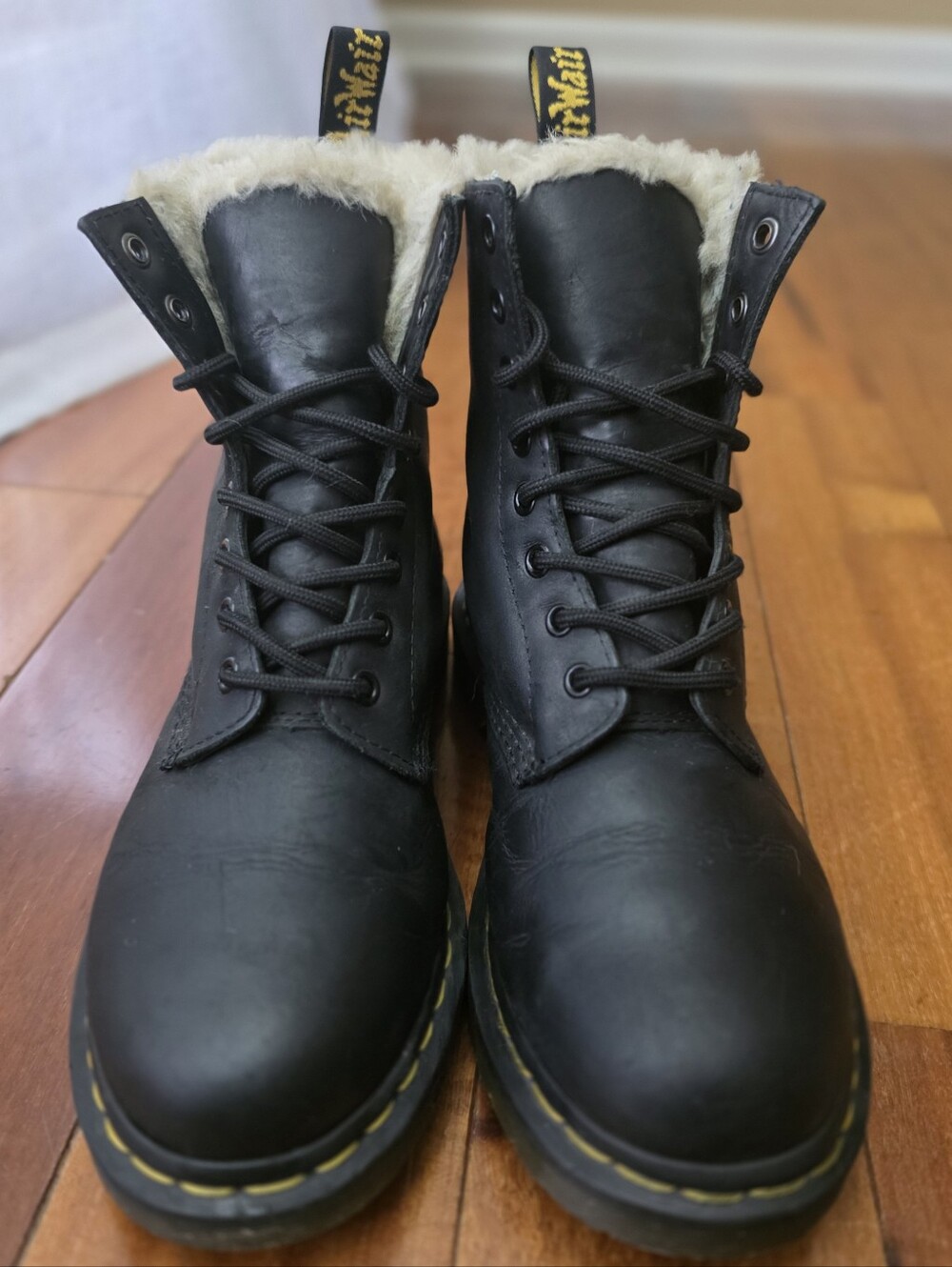 Dr Martens 1460 Serena Black Leather Faux Fur Lined Combat Boots Womens 8